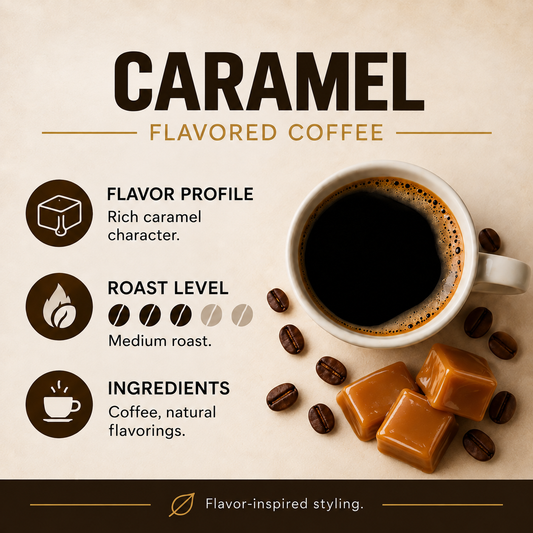 Caramel medium roast flavored coffee. Ingredients: coffee, natural flavorings. Flavor-inspired styling.