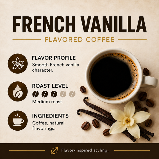 French Vanilla medium roast: smooth vanilla character. Ingredients: coffee, natural flavorings.