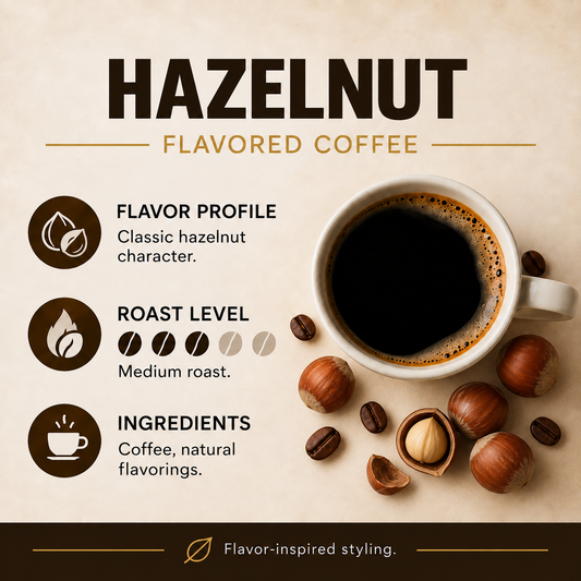 Hazelnut medium roast flavored coffee. Ingredients: coffee, natural flavorings. Flavor-inspired styling.