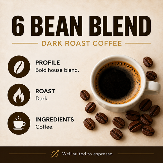 6 Bean Blend dark roast coffee profile, well suited to espresso.