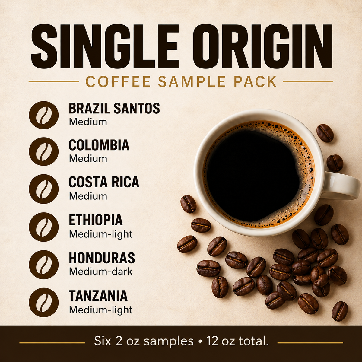 Single Origin sampler: Brazil Santos, Colombia, Costa Rica, Ethiopia, Honduras and Tanzania. Six 2 oz samples.